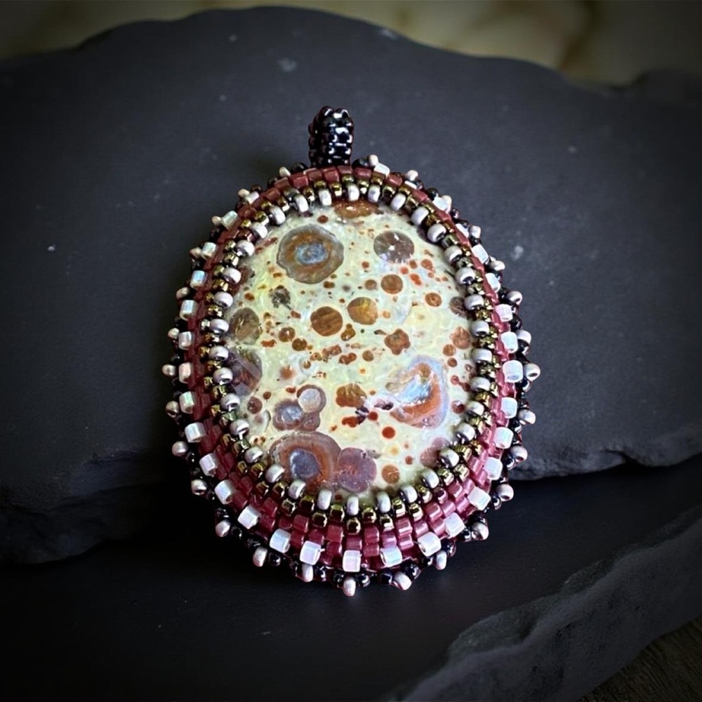 Oval Jasper Bead Embroidered Pendant